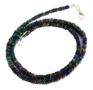 Smoke Heated Black Opal 3-4mm Size Rainbow Fire Square Heishi Beads Necklace 19" - Picture 1 of 4