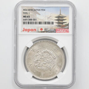 1870 Japan Meiji Year3  1Yen 26.96Grams Silver Coin Type 1 With Border NGC MS 65