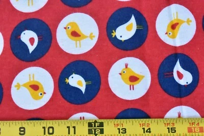 By 1/2 Yd, Yellow White & Blue Cute Bird Patches on Red Flannel, Springs, P7877 - Image 1 of 4