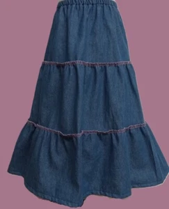 Girl tiered skirt light blue jean denim pink cotton long full modest size S 6 7 - Picture 1 of 1