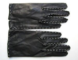 JAPANISCHE SCHWARZE LEDERHANDSCHUHE mit WEISSER LAUFNAHT, TRIKOTFUTTER Gr. M - PASSFORM S - Bild 1 von 4