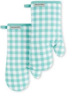 Gingham Oven Mitt 2-Pack Set, Aqua Sky, 7"x13" π - Picture 1 of 5