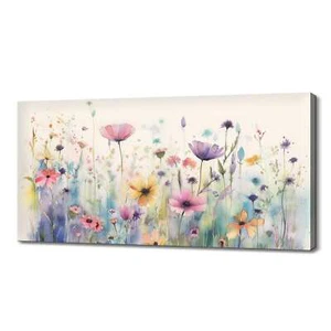 Hermoso prado de campo de flores silvestres de primavera de colores pastel, arte impreso en lienzo - Imagen 1 de 7
