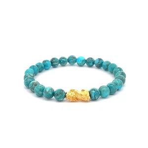 24K Gold Piyao Pixiu Lucky Charm Bracelet Gemstones Turquoise 6mm - Picture 1 of 4