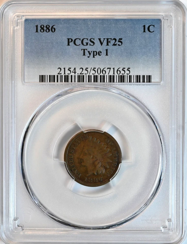 1886 INDIAN HEAD Cent PCGS Graded VF25 Type 1 BN Coin 2154 - Image 1 of 2