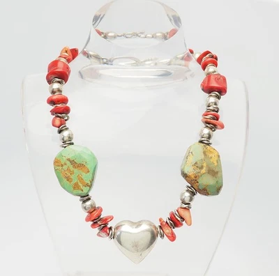 Grosso Vintage Artigianale Argento Sterling Corallo Turchese Cuore Collana - Immagine 1 di 4