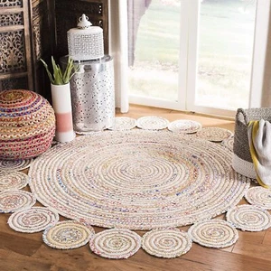 Braided Rug Jute &Cotton Carpet Round Rugs Natural Handmade Round Rustic Look - Picture 1 of 4
