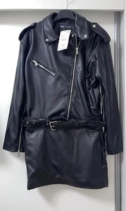 ZARA BLACK FAUX LEATHER COLLARED BELTED SHORT DRESS WITH ZIPS SIZE M BNWT - Picture 1 of 15