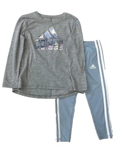 Adidas Girls 2pc Outfit Long Gray Tee Shirt & Blue Athletic Pants Set 4 - Picture 1 of 2