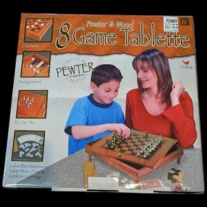 Pewter Wood 8 Game Set Chess Checkers Backgammon Play Cards Cribbage Dominoes - Picture 1 of 9