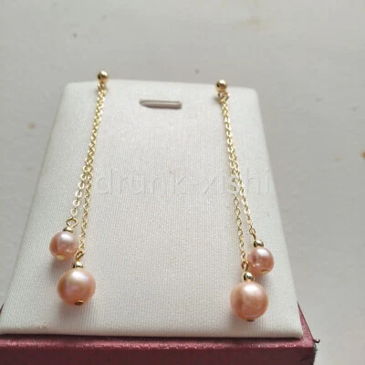 Gorgeous AAA + South Sea Pink Round Pearl Dangle Earring 14K Gold P - Image 1 of 4