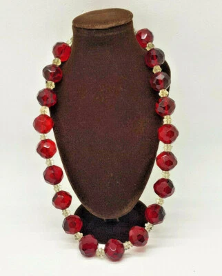 ANTIQUE ART DECO FACETED CHERRY AMBER GLASS & OTHER BEADS NECKLACE 16" LONG  - Image 1 of 4
