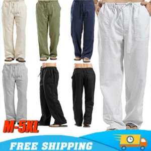 Men Causal Cotton Trousers Linen Baggy Pants Drawstring Side Back Pocket Soft UK - Picture 1 of 15