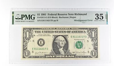 PMG 35 Choice VF EPQ $1 1981 FRN Richmond Fr#1911-E Misalignment Error *3203 - Image 1 of 3