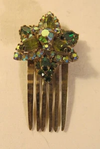 Vintage 40's Art Deco Six Point Star Green Rhinestone Metal Hair Comb - Picture 1 of 4