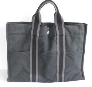 AUTH HERMES BLACK/GRAY CANVAS COTTON FOURRE TOUT PM LARGE TOTE-FRANCE- FEW SPOTS - Picture 1 of 14