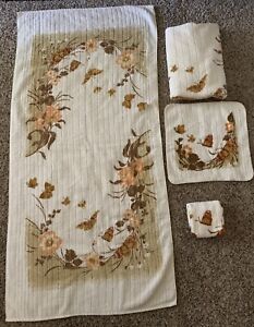 Vintage Towel Set Ribbed Floral Butterfly Brown Tan 2 Bath Towels 2 Washcloths