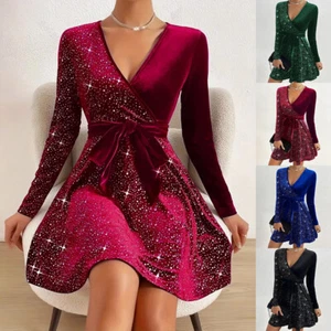 XMAS Womens Christmas V Neck Sequin A-Line Pullover Velvet Mini Dress Party Gown - Picture 1 of 18