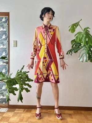 1970s Paganne by Gene Berk Psychedelic Op Art Geometric Print Jersey Midi Dress Foto 1 de 4