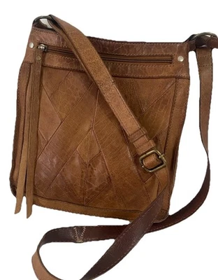 Lucky Brand Patchwork Leather Crossbody Bag Brown Tan Distressed Rustic READ - Image 1 of 4