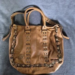 Borsa Betsey Johnson RARA vintage pelle marrone borchiata leopardata interna borsa hobo - Foto 1 di 6