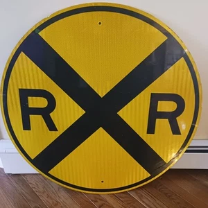 Vintage Reflective Railroad Crossing Large 36" Round Yellow Metal Train Sign - Picture 1 of 10
