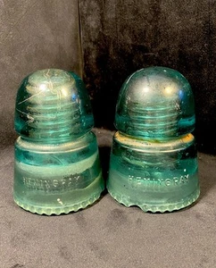 2 Vintage Hemingray Green Aqua Swirled Beehive Glass Insulators - Picture 1 of 10