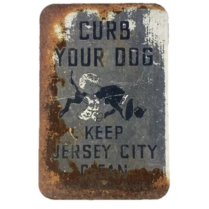 Vintage 1950s Curb Your Dog Keep Jersey City Metal Sign 18” X 12” - Picture 1 of 6