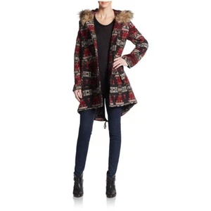 5/48 Women's Brenden Black/red Faux-Fur Trim Hooded Blanket Coat Sz XS R NWT - Picture 1 of 1