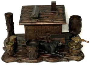 ANTIQUE CIGARETTE ROLLING STATION,WOODEN,LOG CABIN,DOG,BRASS CUTTER,AMISH?GIFT:) - Picture 1 of 19