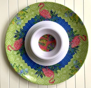 13" PINK FLAMINGO MELAMINE CHIPS DIP SERVING TRAY Divided PLATTER Tropical Palms - Picture 1 of 1