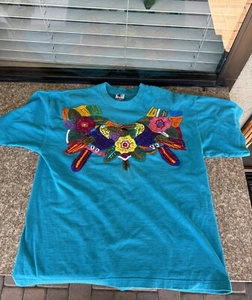 Vintage Cotton Sports T-Shirt Handmade Toucan Birds Embroidered Blue - Picture 1 of 17