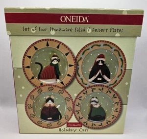 Oneida Fiddlestix Holiday Cats Set of 4 Stoneware Salad/Dessert Plates - Picture 1 of 2