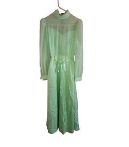 VTG 50s Ladies Green Chiffon & Lace Pleated Dress Long Sleeve Belt Handmade - Picture 1 of 11