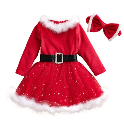 Kids Girls Christmas Costume Fancy Dress-up Santa Claus Dresses Outfit Shiny - Image 1 of 4