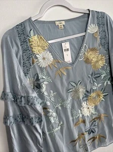 ANTHROPOLOGIE x TINY Frances Long Sleeve Ruffled Flutter Top Blue Motif Sz Small - Picture 1 of 13