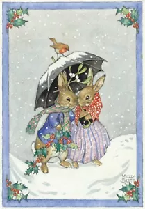 Vintage Nostalgic Christmas Card ~ The Rabbits Shelter From The Snow ~ M Brett - Picture 1 of 2