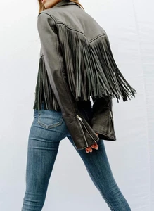 Women's Black Lambskin Leather Fringe Biker Jacket Motorcycle Style All Size - Picture 1 of 7