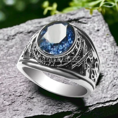 Piedras preciosas de corte ovalado de topacio azul con anillo de plata de ley 925 para hombre #432 # Foto 1 de 4