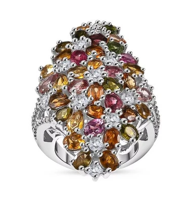 Anillo Multi-Turmalina y Moissanita 7.50ctw Ramo de Flores Talla 7 Rodio Sobre Plata Foto 1 de 4