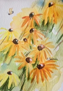 Original Signed Watercolor Painting. Black-eyed Susans. Sunflowers.Wall Art.Boho - Picture 1 of 3
