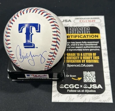 Chris Young Firmado Rangers Equipo Puntada Logo Béisbol Autografiado Automático Certificado de Autenticidad JSA Foto 1 de 2