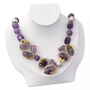 Collana Guicai Disegnata Una Rame Placcato Oro Piena di Diamanti e Ametiste - Foto 1 di 5
