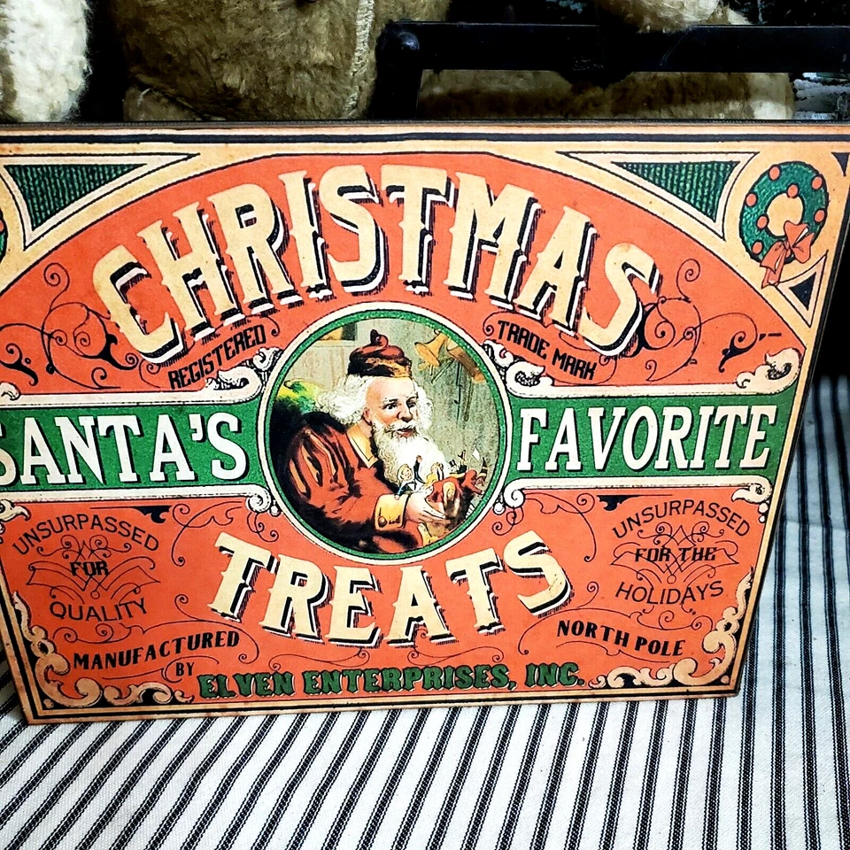 OLD RETRO VINTAGE VICTORIAN PRIMITIVE STYLE CHRISTMAS SANTA FAVORITE TREATS SIGN - Image 1 of 4
