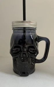 Skull Glass Shaped Mason Jar Novelty Drinking Glass With Straw and Lid Black - Picture 1 of 3