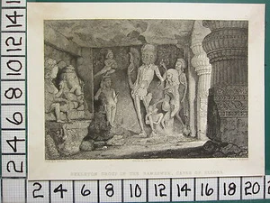 c1840 ANTIQUE PRINT ~ SKELETON GROUP IN THE RAMESWUR CAVES OF ELLORA - Picture 1 of 1