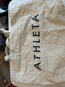 Athleta Womens Cream w/ Navy Lettering Travel Tote Bag 100% Cotton 18”x13” - Picture 1 of 5