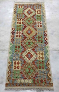 Afgano Kundoz Hecho a Mano Nómada Tribal Rojo Multicolor Lana Kilim Runner 75x199 cm - Imagen 1 de 5
