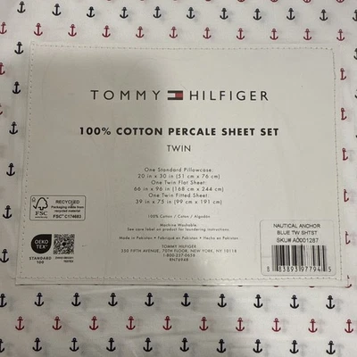 Tommy Hilfiger 100% Cotton TWIN Piece Sheet Set Anchor Print Nautical NEW SOFT - Image 1 of 4
