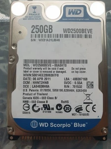 Western Digital 250GB WD2500BEVE-00A0HT0 2.5" IDE HARD DRIVE WD - DCM: HHNT2HNB - Picture 1 of 1